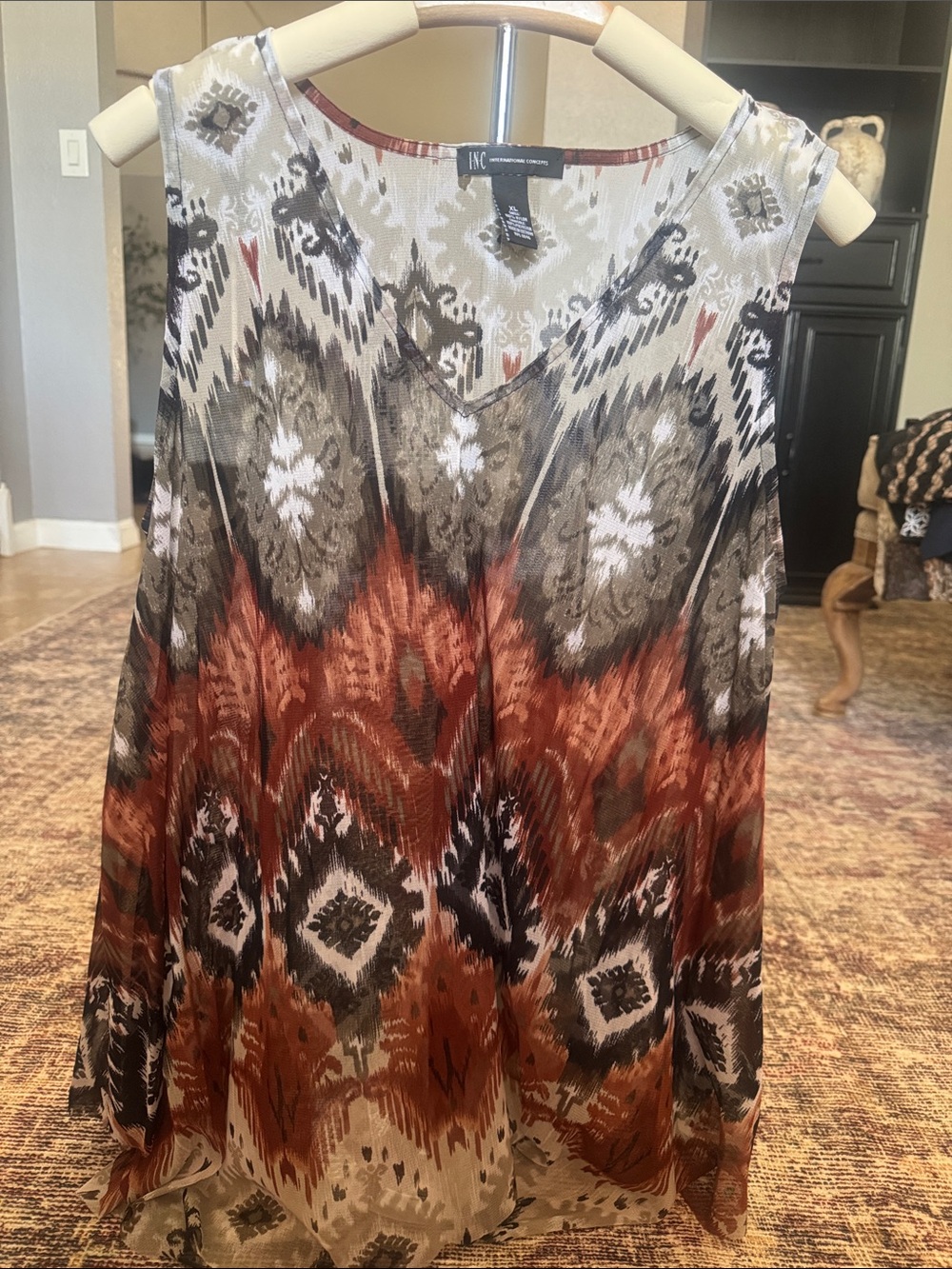 INC International Concepts Rust Brown Ikat Sleeveless Blouse